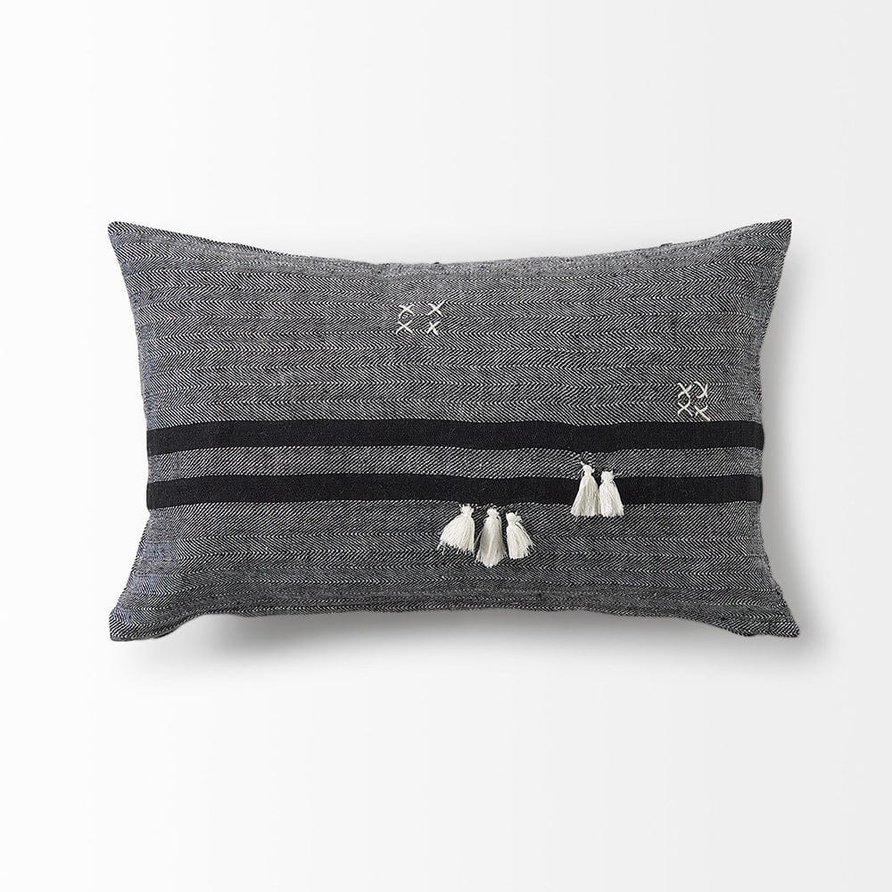 Mercana - Sibyl 13L x 21W Black Fabric Striped and White Fringed Decorative Pillow Cover - 69418 view 5