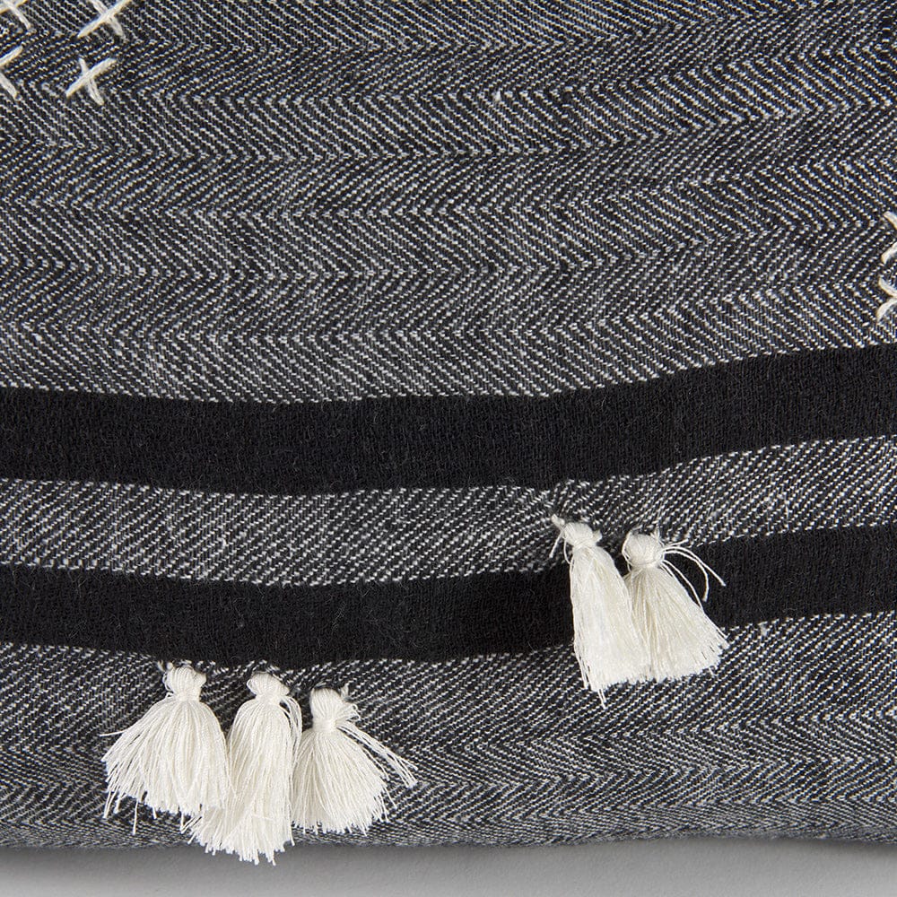 Mercana - Sibyl 13L x 21W Black Fabric Striped and White Fringed Decorative Pillow Cover - 69418 view 7