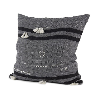 Mercana - Sibyl 18L x 18W Black Fabric Striped and White Fringed Decorative Pillow Cover - 69419 view 1