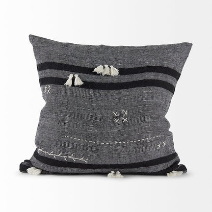 Mercana - Sibyl 18L x 18W Black Fabric Striped and White Fringed Decorative Pillow Cover - 69419 view 2