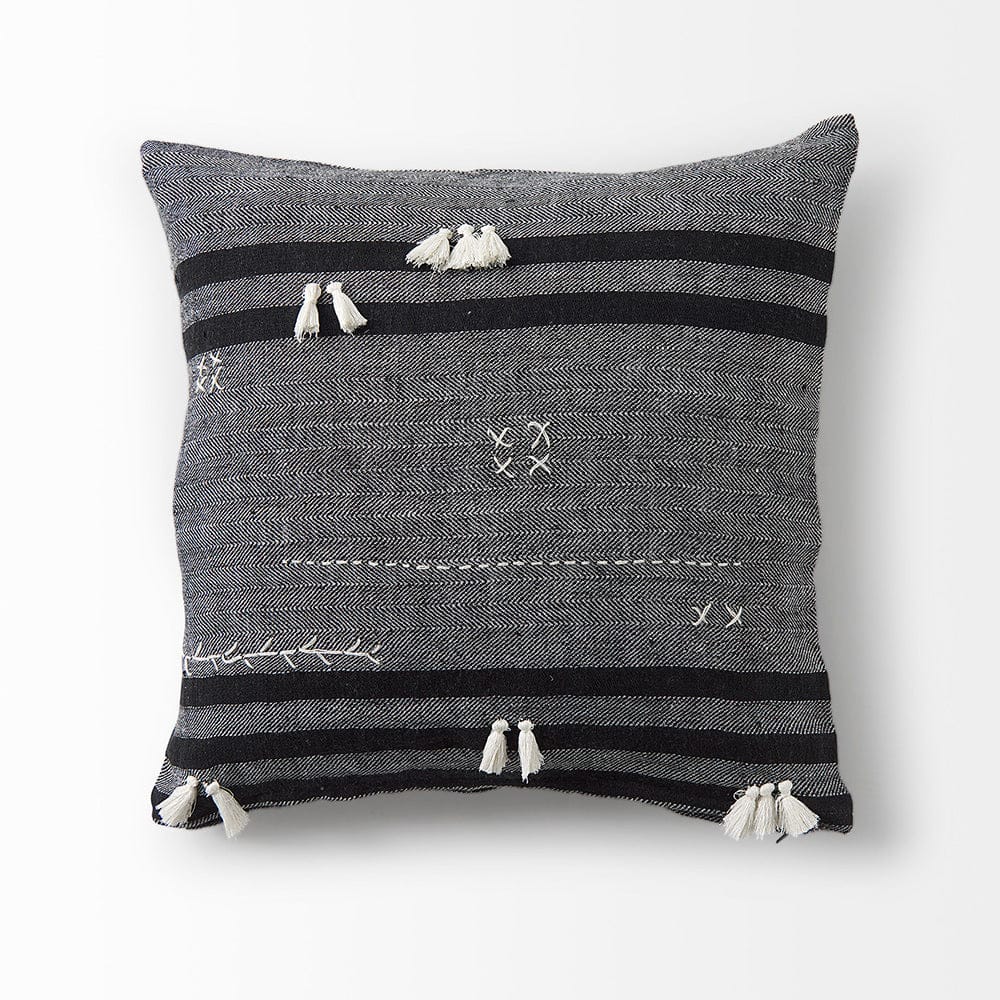 Mercana - Sibyl 18L x 18W Black Fabric Striped and White Fringed Decorative Pillow Cover - 69419 view 5