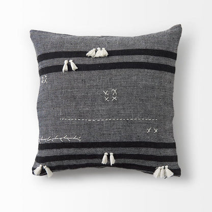 Mercana - Sibyl 18L x 18W Black Fabric Striped and White Fringed Decorative Pillow Cover - 69419 view 5