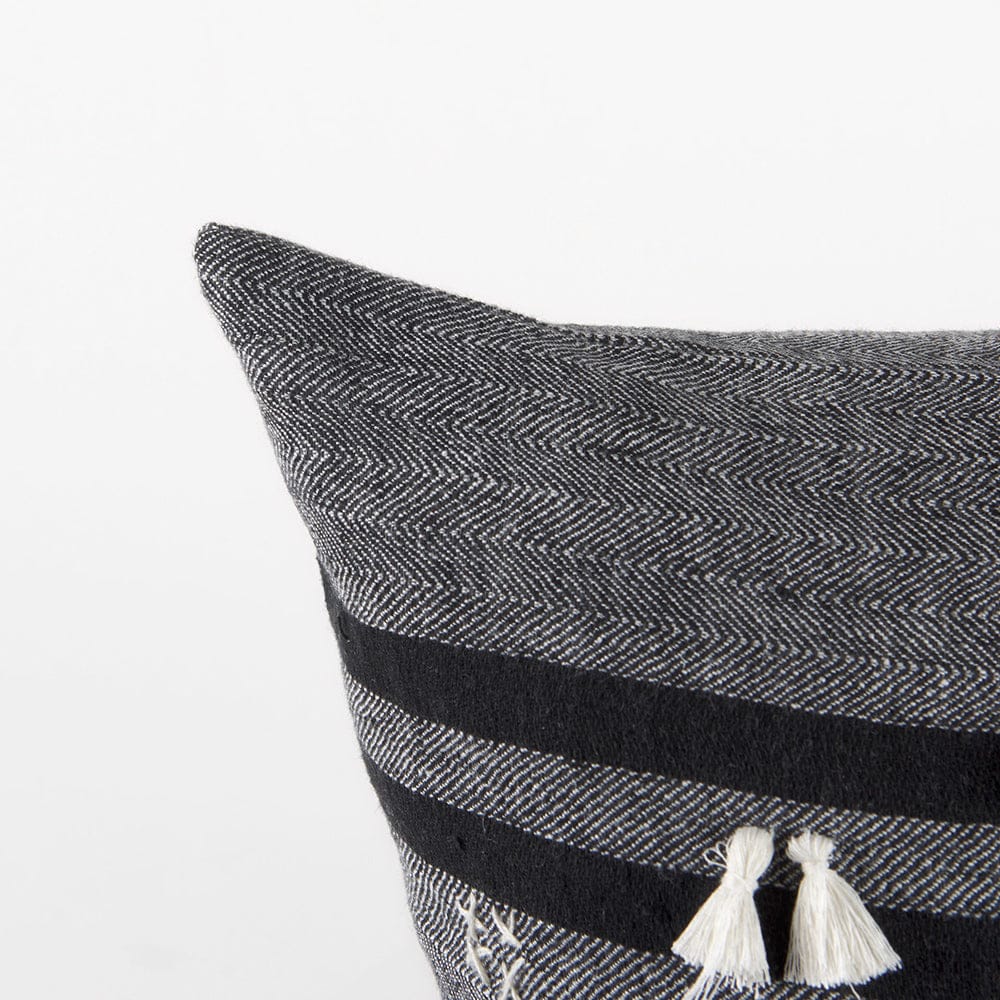 Mercana - Sibyl 18L x 18W Black Fabric Striped and White Fringed Decorative Pillow Cover - 69419 view 6