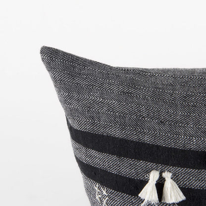 Mercana - Sibyl 18L x 18W Black Fabric Striped and White Fringed Decorative Pillow Cover - 69419 view 6