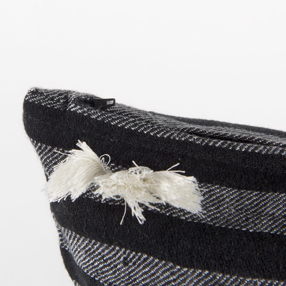 Mercana - Sibyl 18L x 18W Black Fabric Striped and White Fringed Decorative Pillow Cover - 69419 view 8