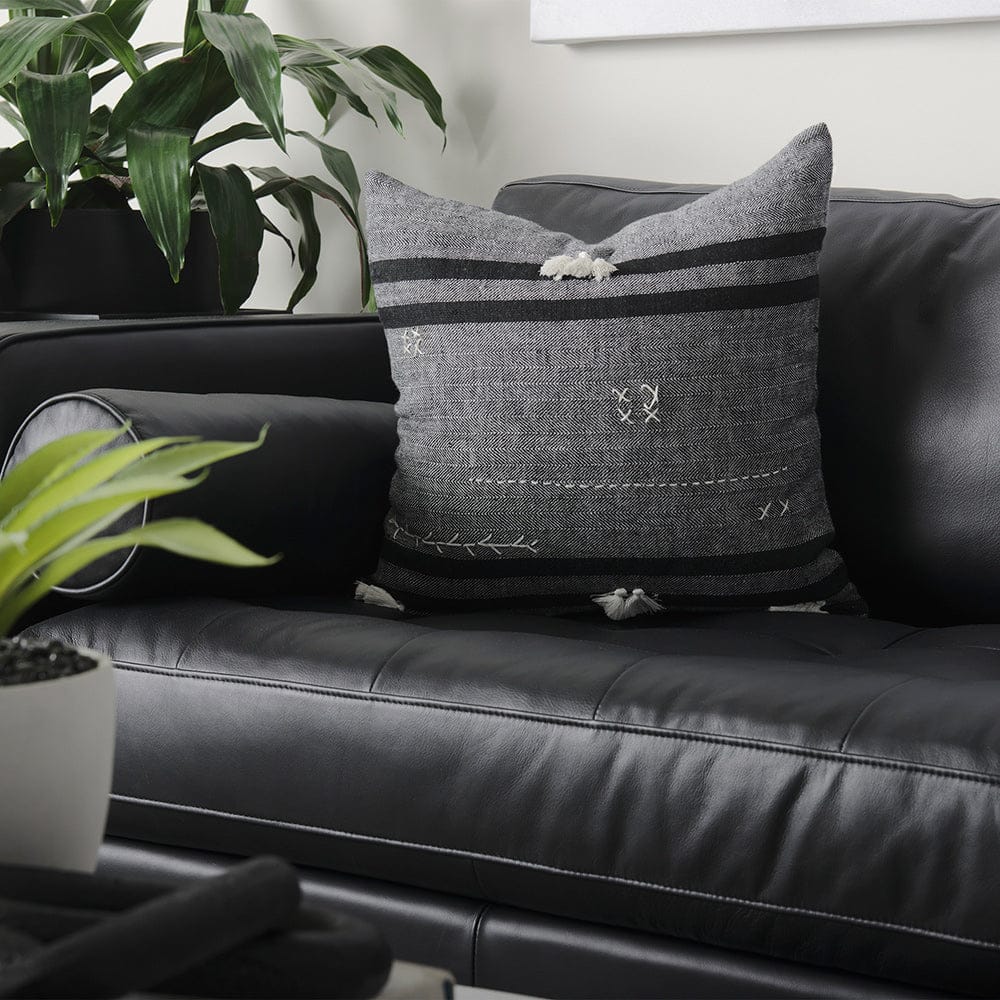 Mercana - Sibyl 18L x 18W Black Fabric Striped and White Fringed Decorative Pillow Cover - 69419 view 11