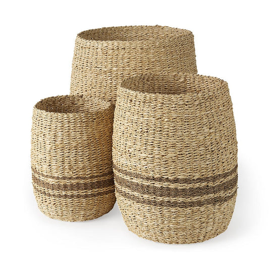 Mercana - Sivannah 19.7L x 19.7W x 23.6H Light Brown and Medium Brown Striped Seagrass Round Basket (Set of 3) - 69599 view 1