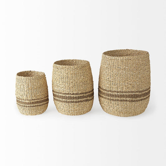 Mercana - Sivannah 19.7L x 19.7W x 23.6H Light Brown and Medium Brown Striped Seagrass Round Basket (Set of 3) - 69599 view 2