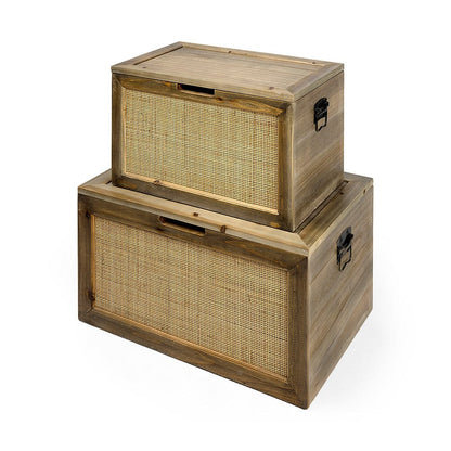 Mercana - Sonny 23.6L x 15.7W x 13.8H Set of Two Brown Wood and Wicker W/ Metal Detail Rectangular Boxes - 69529_CLOSEOUT view 1