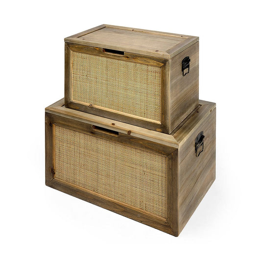 Mercana - Sonny 23.6L x 15.7W x 13.8H Set of Two Brown Wood and Wicker W/ Metal Detail Rectangular Boxes - 69529_CLOSEOUT view 1