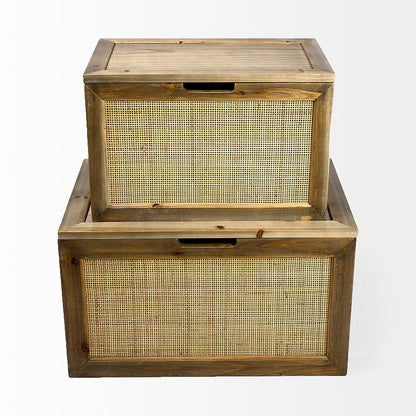Mercana - Sonny 23.6L x 15.7W x 13.8H Set of Two Brown Wood and Wicker W/ Metal Detail Rectangular Boxes - 69529_CLOSEOUT view 2