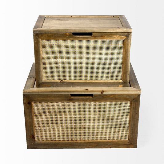 Mercana - Sonny 23.6L x 15.7W x 13.8H Set of Two Brown Wood and Wicker W/ Metal Detail Rectangular Boxes - 69529_CLOSEOUT view 2