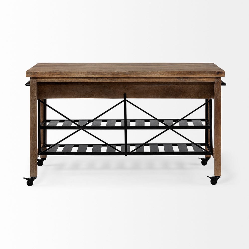 Mercana - Stuart I Brown Solid Wood Top Two-Tier Black Metal Rolling Kitchen Island - 67103 view 4