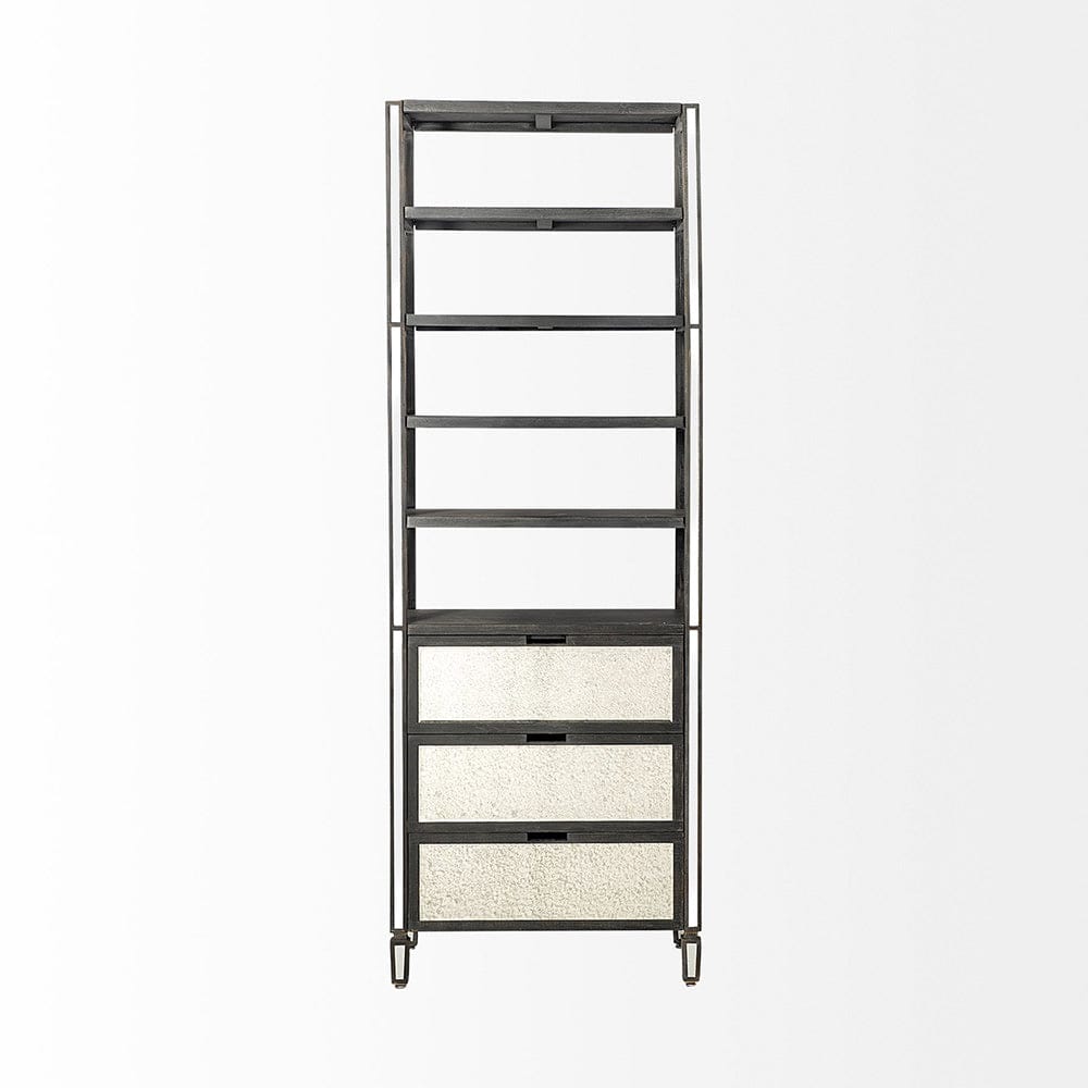 Mercana - Sunnyvale 32L x 18W x 90H Dark Brown Solid Wood and Mirrored Glass Four Shelf Shelving Unit - 50210-AB_CLOSEOUT view 2
