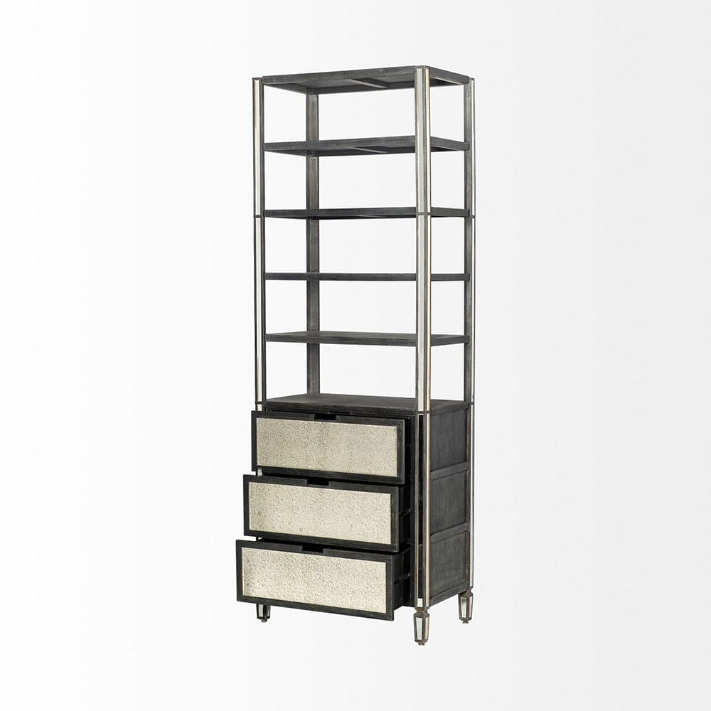 Mercana - Sunnyvale 32L x 18W x 90H Dark Brown Solid Wood and Mirrored Glass Four Shelf Shelving Unit - 50210-AB_CLOSEOUT view 5