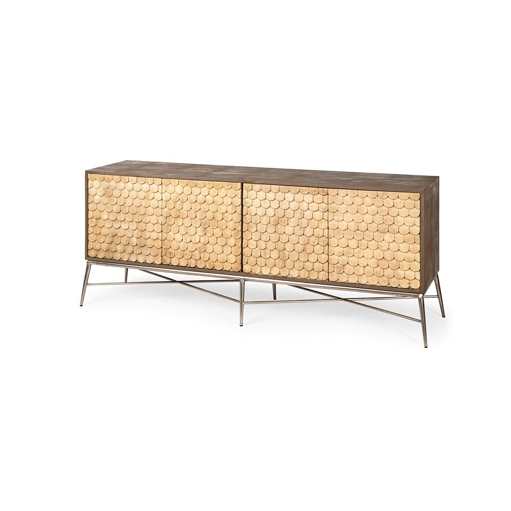 Mercana - Swordfish 72L x 19W x 30.25H Two-Tone Brown Wood Cabinet Silver Metal Base 4 Cabinet Door Sideboard - 67116 view 1