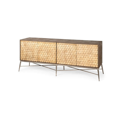 Mercana - Swordfish 72L x 19W x 30.25H Two-Tone Brown Wood Cabinet Silver Metal Base 4 Cabinet Door Sideboard - 67116 view 1