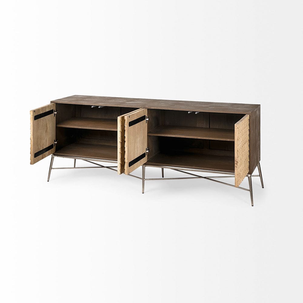 Mercana - Swordfish 72L x 19W x 30.25H Two-Tone Brown Wood Cabinet Silver Metal Base 4 Cabinet Door Sideboard - 67116 view 5