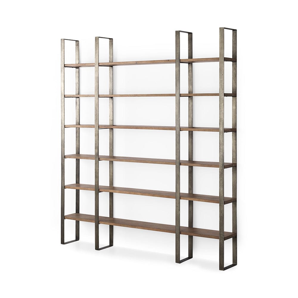 Mercana - Taunton 80L x 10.5W x 90H Medium Brown Wood W/ Antique Nickel Metal Frame 6 Tier Shelving Unit - 69231-AB view 1