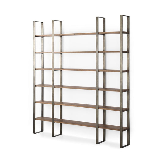 Mercana - Taunton 80L x 10.5W x 90H Medium Brown Wood W/ Antique Nickel Metal Frame 6 Tier Shelving Unit - 69231-AB view 1