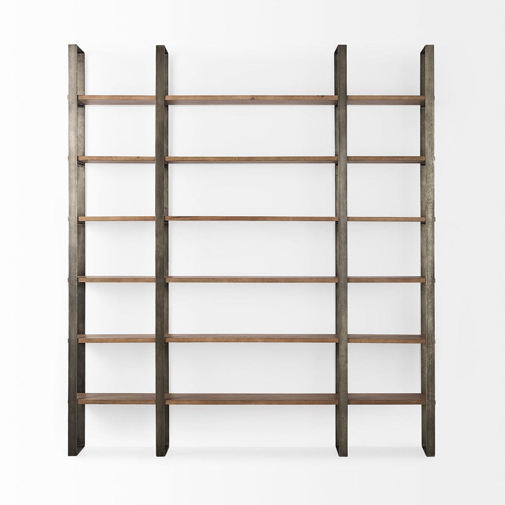 Mercana - Taunton 80L x 10.5W x 90H Medium Brown Wood W/ Antique Nickel Metal Frame 6 Tier Shelving Unit - 69231-AB view 2