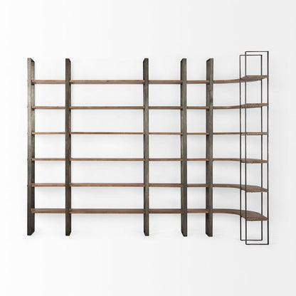Mercana - Taunton 80L x 10.5W x 90H Medium Brown Wood W/ Antique Nickel Metal Frame 6 Tier Shelving Unit - 69231-AB view 4