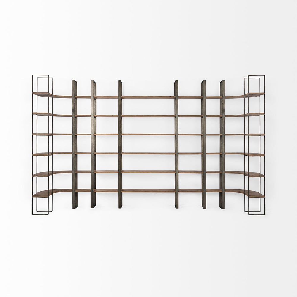 Mercana - Taunton 80L x 10.5W x 90H Medium Brown Wood W/ Antique Nickel Metal Frame 6 Tier Shelving Unit - 69231-AB view 5