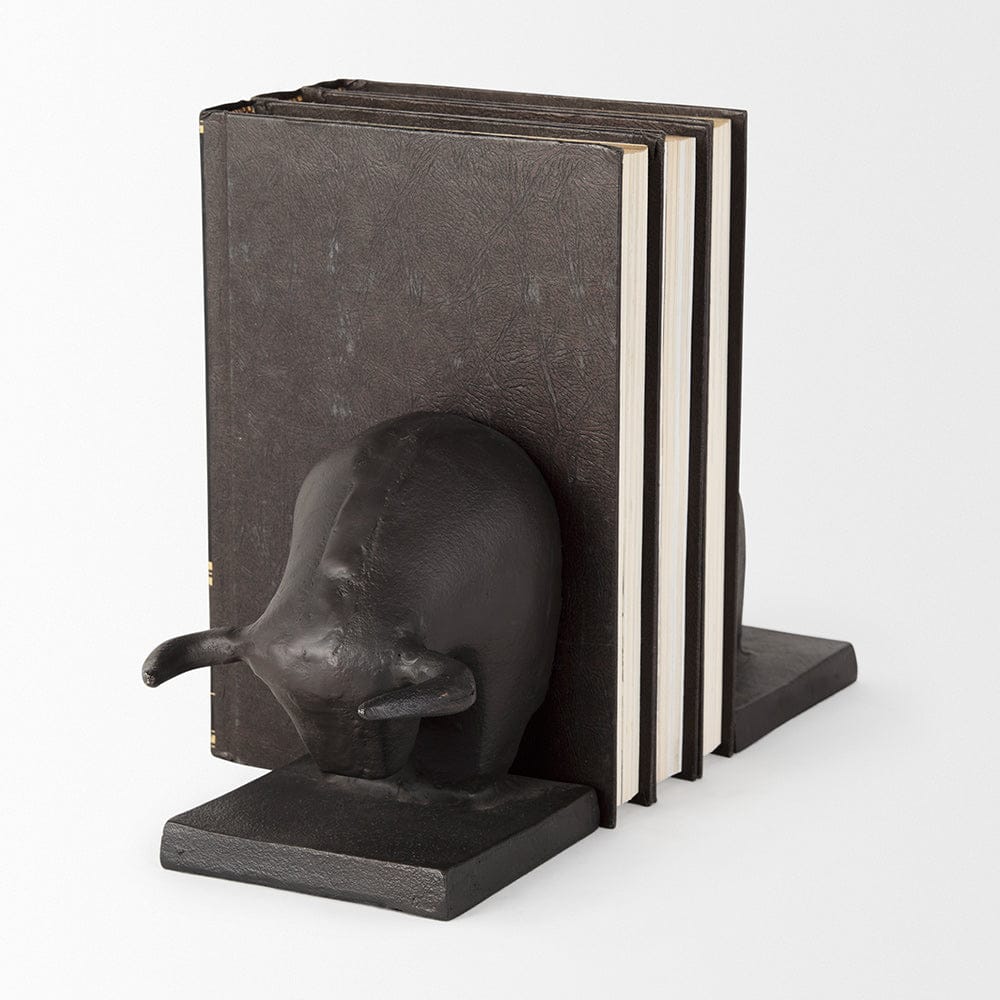 Mercana - Tauro III 10L x 5W Black Cast Aluminum Raging Bull Bookends (Set of 2) - 69065 view 4