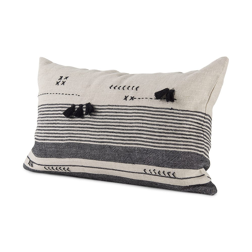 Mercana - Thalia 13L x 21W Black and Beige Fabric Striped and Fringed Decorative Pillow Cover - 69422_CLOSEOUT view 1