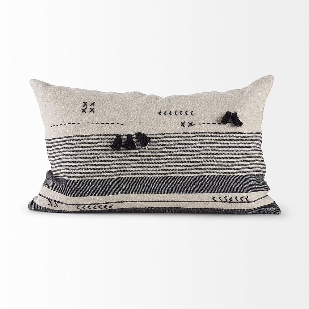 Mercana - Thalia 13L x 21W Black and Beige Fabric Striped and Fringed Decorative Pillow Cover - 69422_CLOSEOUT view 2