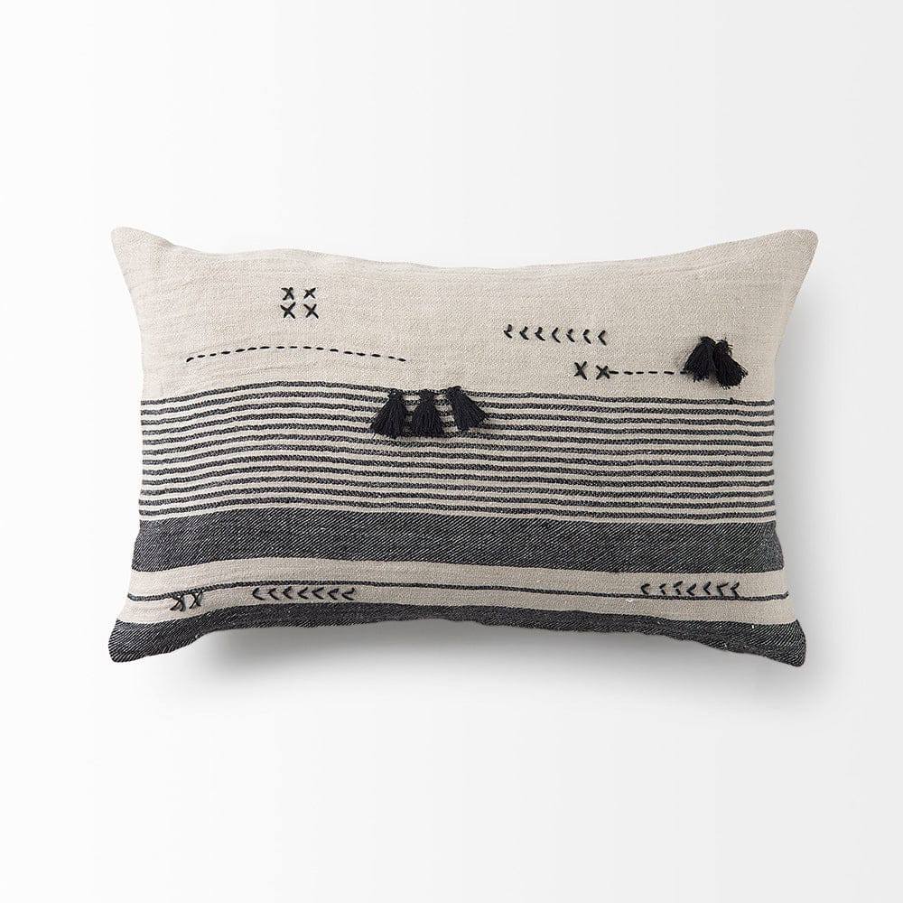 Mercana - Thalia 13L x 21W Black and Beige Fabric Striped and Fringed Decorative Pillow Cover - 69422_CLOSEOUT view 5