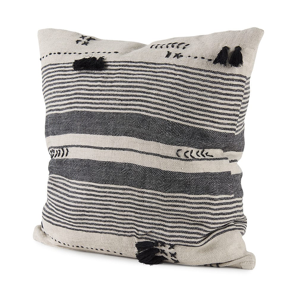 Mercana - Thalia 18L x 18W Black and Beige Fabric Striped and Fringed Decorative Pillow Cover - 69423_CLOSEOUT view 1