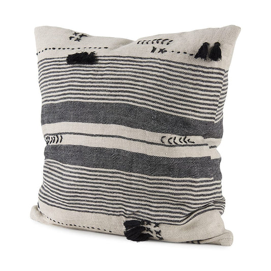 Mercana - Thalia 18L x 18W Black and Beige Fabric Striped and Fringed Decorative Pillow Cover - 69423_CLOSEOUT view 1