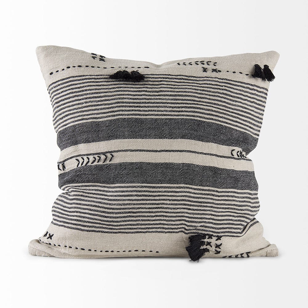 Mercana - Thalia 18L x 18W Black and Beige Fabric Striped and Fringed Decorative Pillow Cover - 69423_CLOSEOUT view 2
