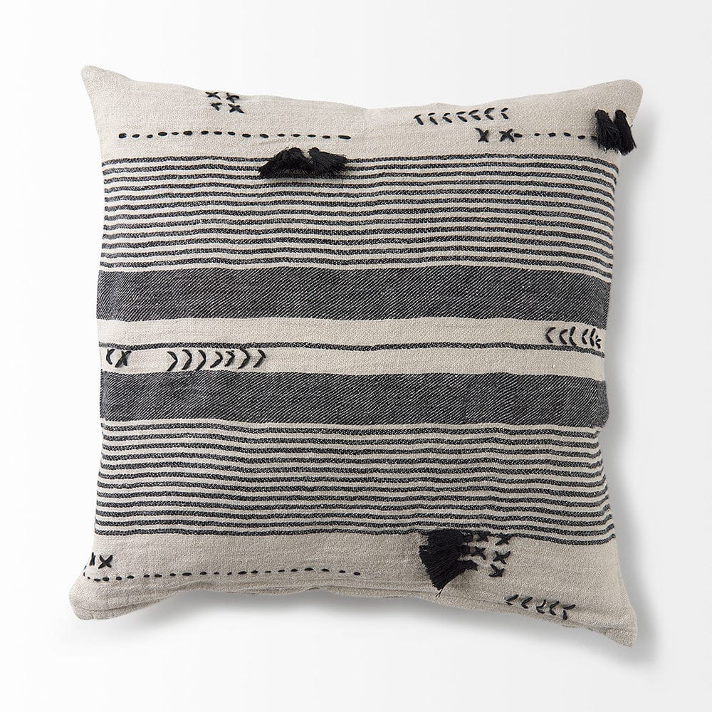 Mercana - Thalia 18L x 18W Black and Beige Fabric Striped and Fringed Decorative Pillow Cover - 69423_CLOSEOUT view 5
