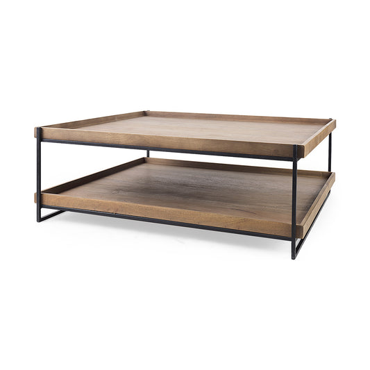 Mercana - Trey 48x46 Rectangular Brown Solid Wood Top Table Black Metal Frame Two-Tier Coffee Table - 68218 view 1