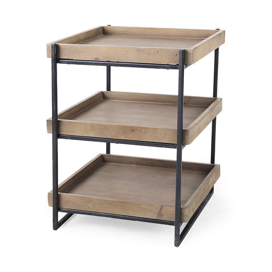 Mercana - Trey III 20" x 26" Square Medium Brown Wooden Three-Tiered Black Iron Frame End/Side Table - 68219 view 1