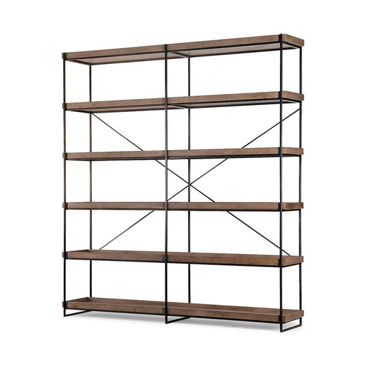 Mercana - Trey IV 80L x 16W x 87.5H Medium Brown Wood and Iron Five Tray Shelf Shelving Unit - 68485 view 1