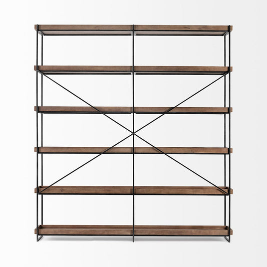 Mercana - Trey IV 80L x 16W x 87.5H Medium Brown Wood and Iron Five Tray Shelf Shelving Unit - 68485 view 2