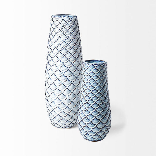 Mercana - Troi II Large Blue White Fishscale Pattern Ceramic Vase - 68628_CLOSEOUT view 2