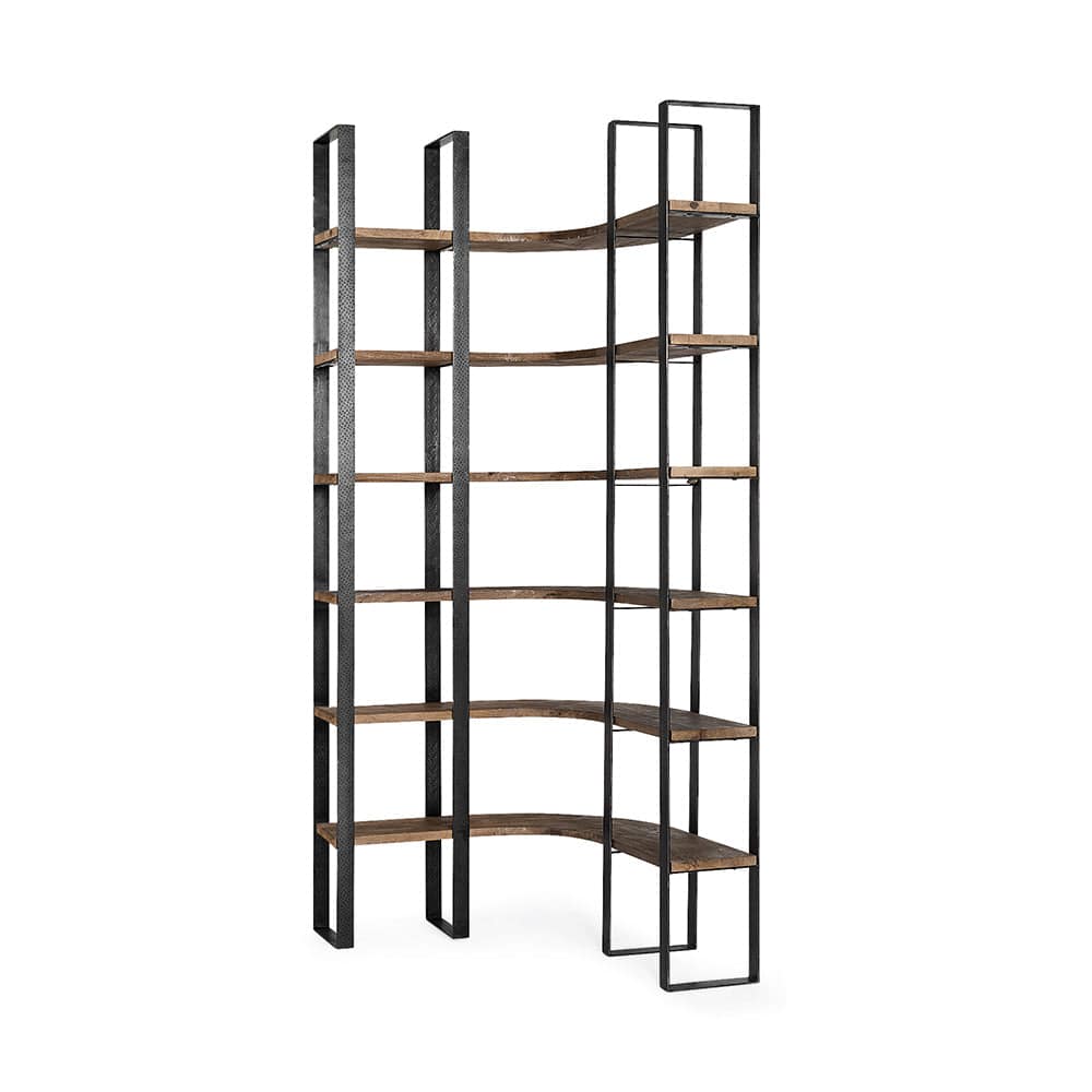 Mercana - Turner II 37L x 10.5W x 90H Curved Dark Brown Wood And Black Iron Six Shelving Unit - 50366-AB view 1