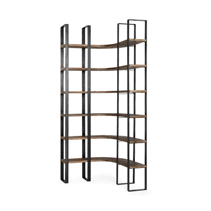 Mercana - Turner II 37L x 10.5W x 90H Curved Dark Brown Wood And Black Iron Six Shelving Unit - 50366-AB view 1