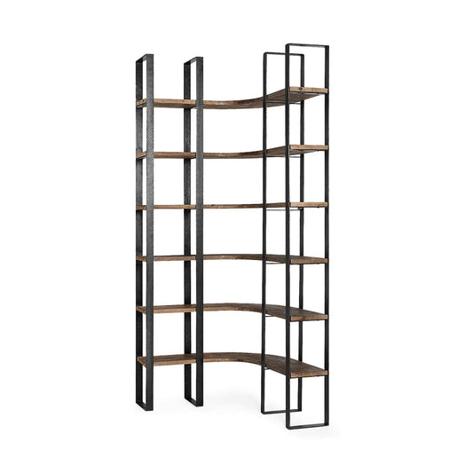 Mercana - Turner II 37L x 10.5W x 90H Curved Dark Brown Wood And Black Iron Six Shelving Unit - 50366-AB view 1