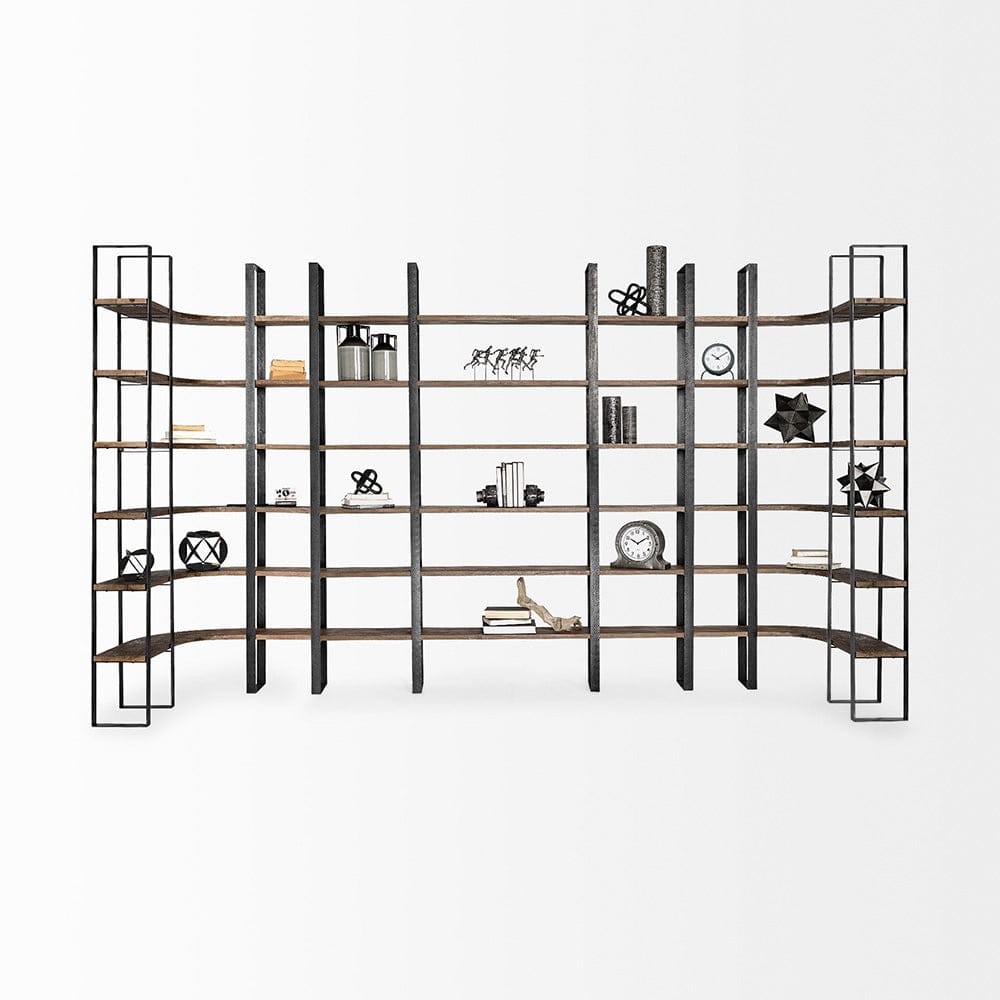 Mercana - Turner II 37L x 10.5W x 90H Curved Dark Brown Wood And Black Iron Six Shelving Unit - 50366-AB view 2