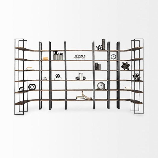 Mercana - Turner II 37L x 10.5W x 90H Curved Dark Brown Wood And Black Iron Six Shelving Unit - 50366-AB view 2