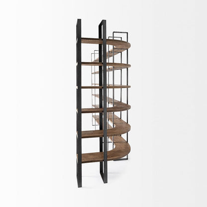 Mercana - Turner II 37L x 10.5W x 90H Curved Dark Brown Wood And Black Iron Six Shelving Unit - 50366-AB view 3