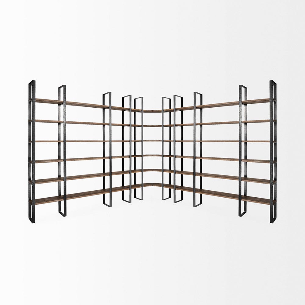 Mercana - Turner II 37L x 10.5W x 90H Curved Dark Brown Wood And Black Iron Six Shelving Unit - 50366-AB view 4