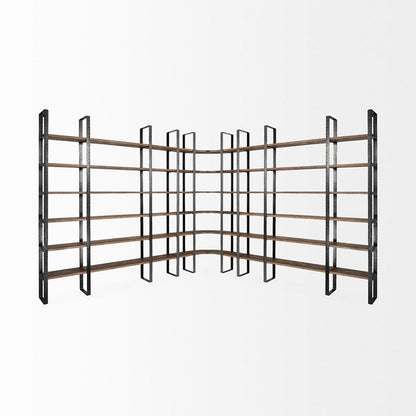 Mercana - Turner II 37L x 10.5W x 90H Curved Dark Brown Wood And Black Iron Six Shelving Unit - 50366-AB view 4