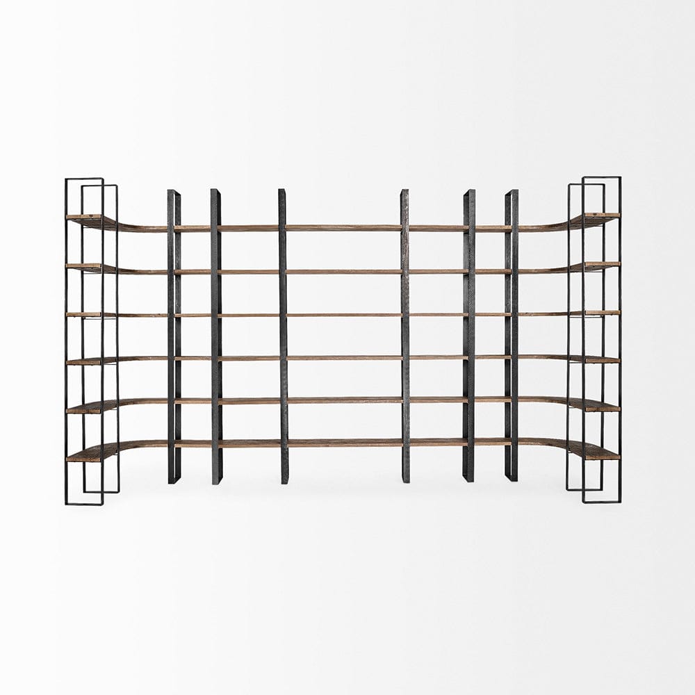 Mercana - Turner II 37L x 10.5W x 90H Curved Dark Brown Wood And Black Iron Six Shelving Unit - 50366-AB view 6