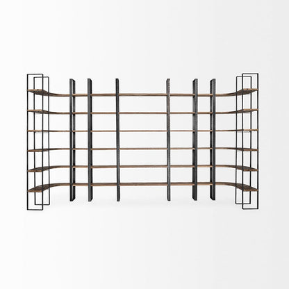 Mercana - Turner II 37L x 10.5W x 90H Curved Dark Brown Wood And Black Iron Six Shelving Unit - 50366-AB view 6